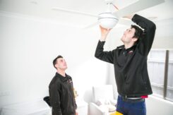 Electricians installing a ceiling fan for summer