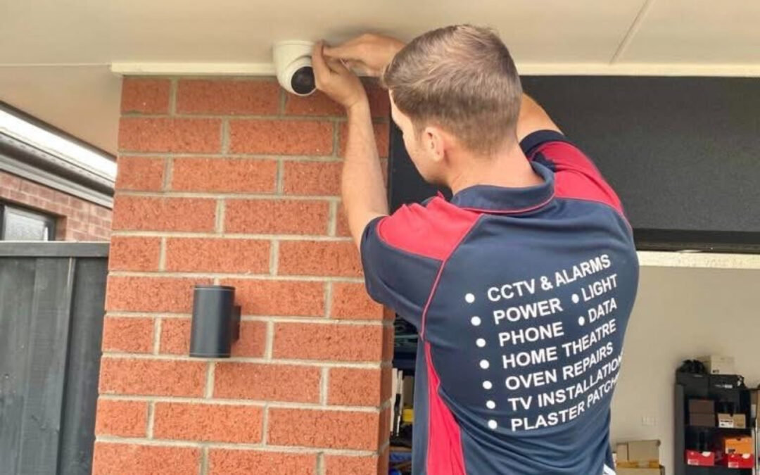 Electrician installing a home CCTV security camera in Sunbury – serving Melton, Gisborne, and surrounding areas